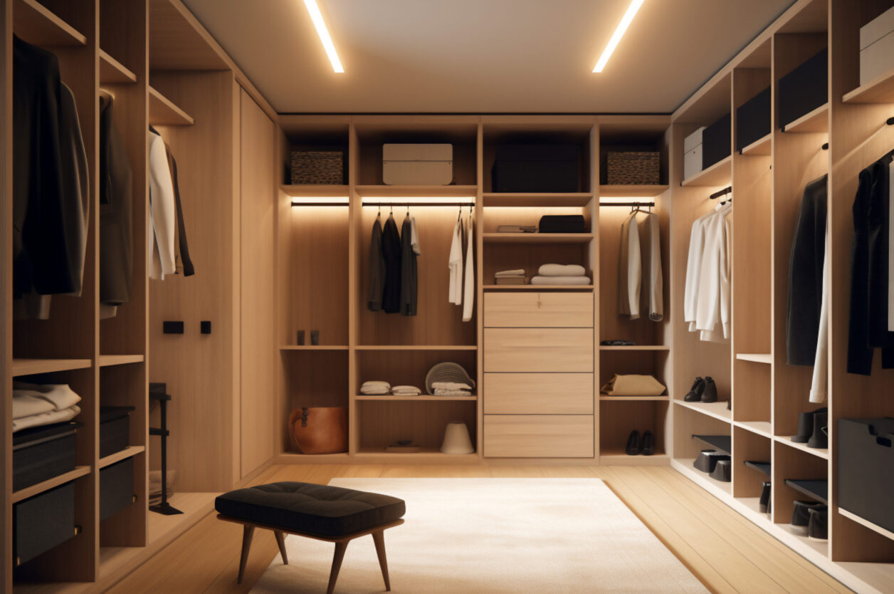 Modern interior design for a light wood dressing room. Generative AI